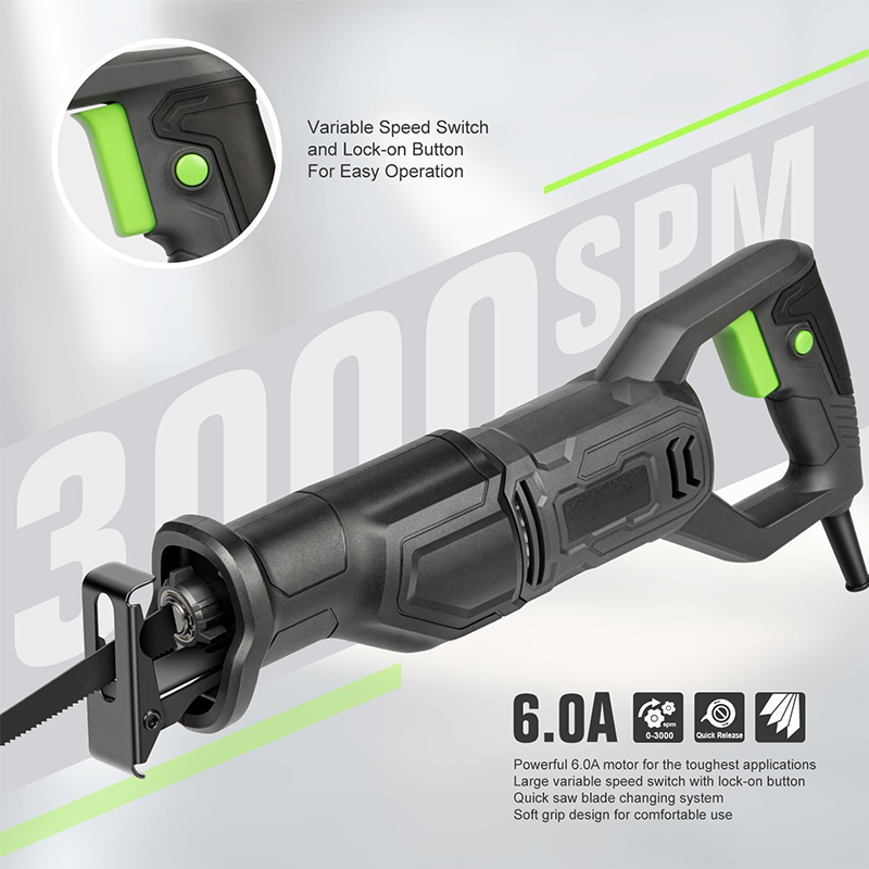 120V Reciprocating Saw, 6.0 Amp Variable Speed Corded Reciprocating Saw, Stroke Length 1-1/8 Inch, Speed 0-3000RPM, Max 4-1/2 Inch, Suitable for Wood, Metal, PVC Pipe Cutting