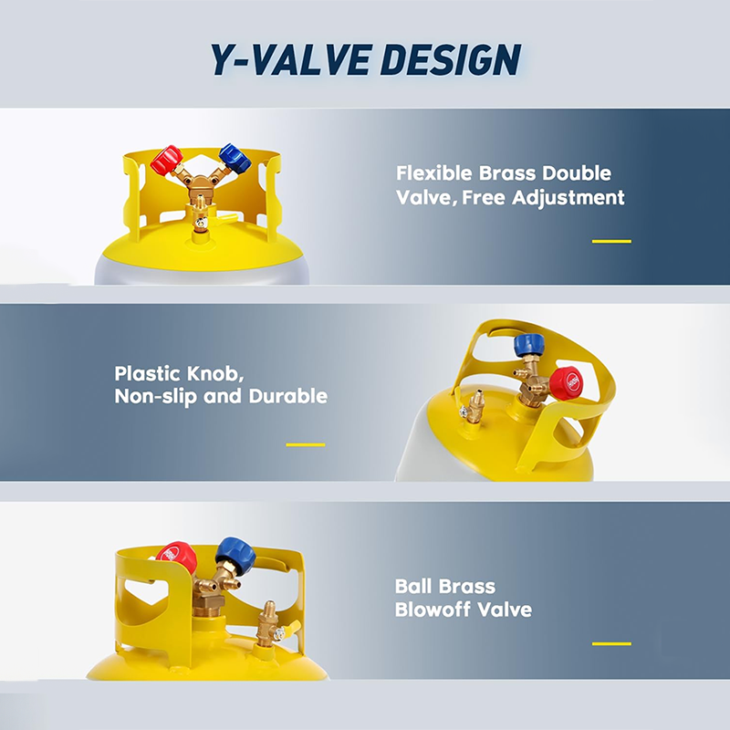 Recovery Cylinder Recovery Tank 30 lb Reusable Recovery Cylinder 1/4 SAE Y-Valve Recovery Tank No Float Switch Gray Yellow