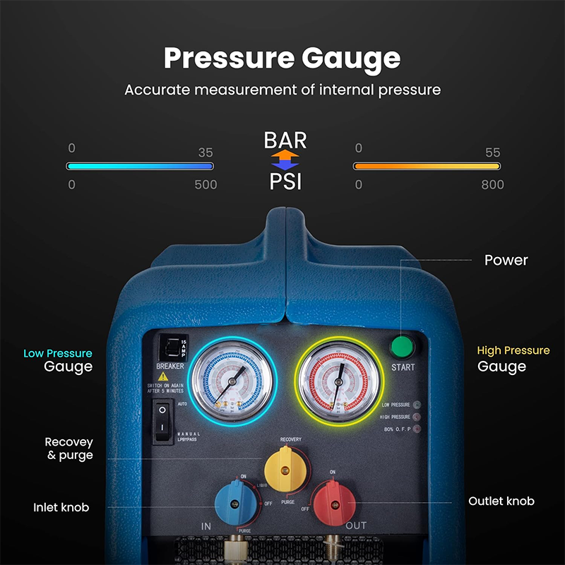 1 HP Twin Cylinder Portable Refrigerant Recovery Machine Oil-free Freon Recovery Unit for Vapor Liquid Refrigerants