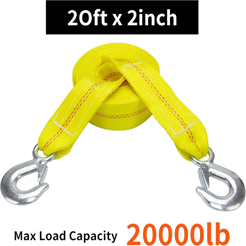 Recovery Straps ATV Car Tow Strap with Hooks 2"x20' 20,000 lbs, with Safety Hooks for Car Truck Jeep ATV SUV