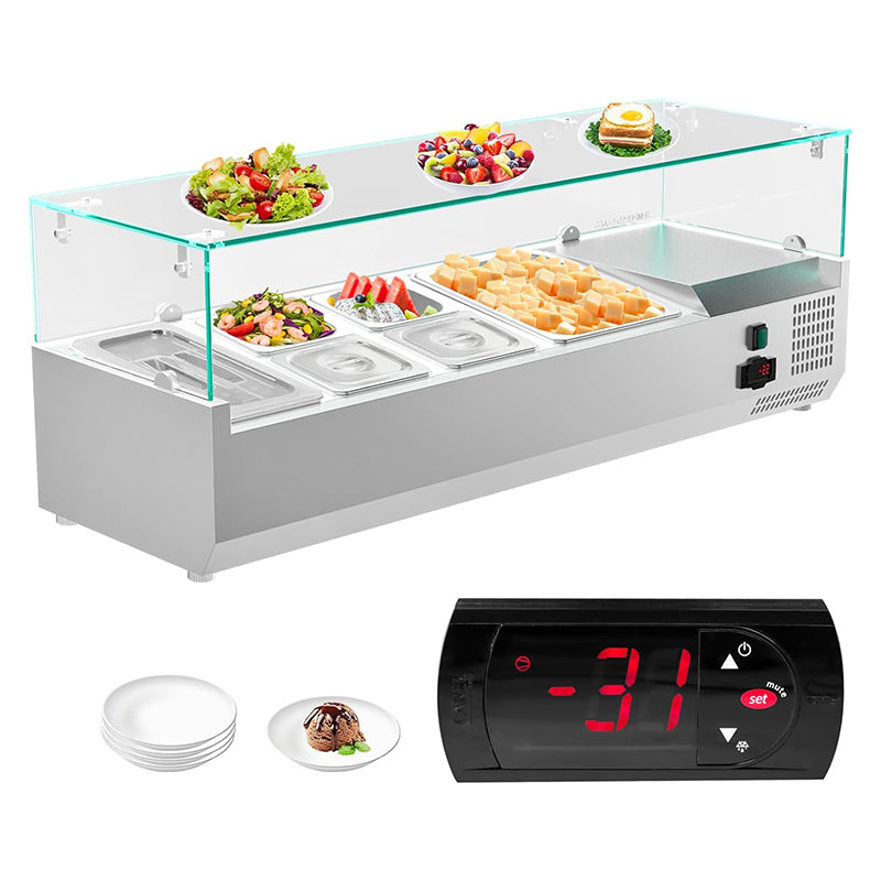 47inch 36Qt Salad Bar Condiment Prep Station Prep Table with 4 * 1/6 pans,1 * 1/3 pan,1 * 1/2 pan Tempered Glass Shield Digital Temp Display
