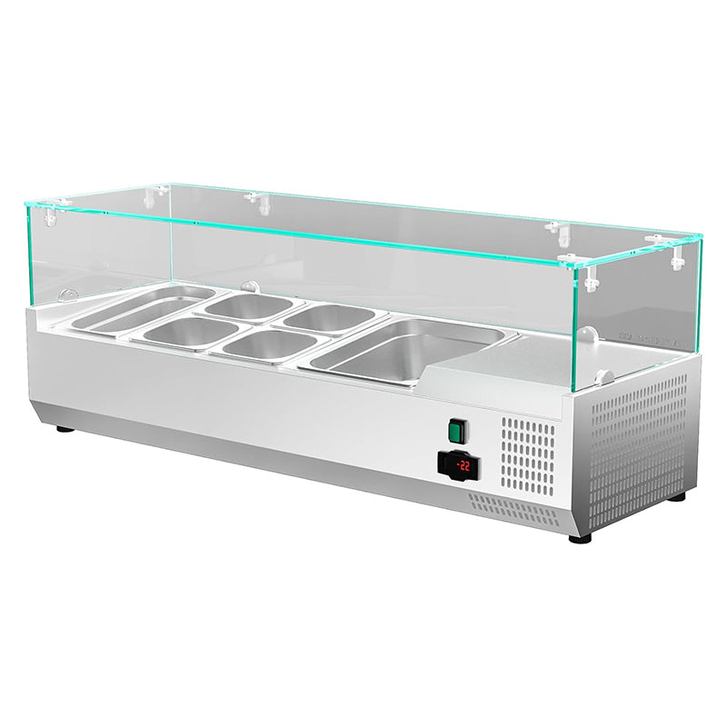 47inch 36Qt Salad Bar Condiment Prep Station Prep Table with 4 * 1/6 pans,1 * 1/3 pan,1 * 1/2 pan Tempered Glass Shield Digital Temp Display