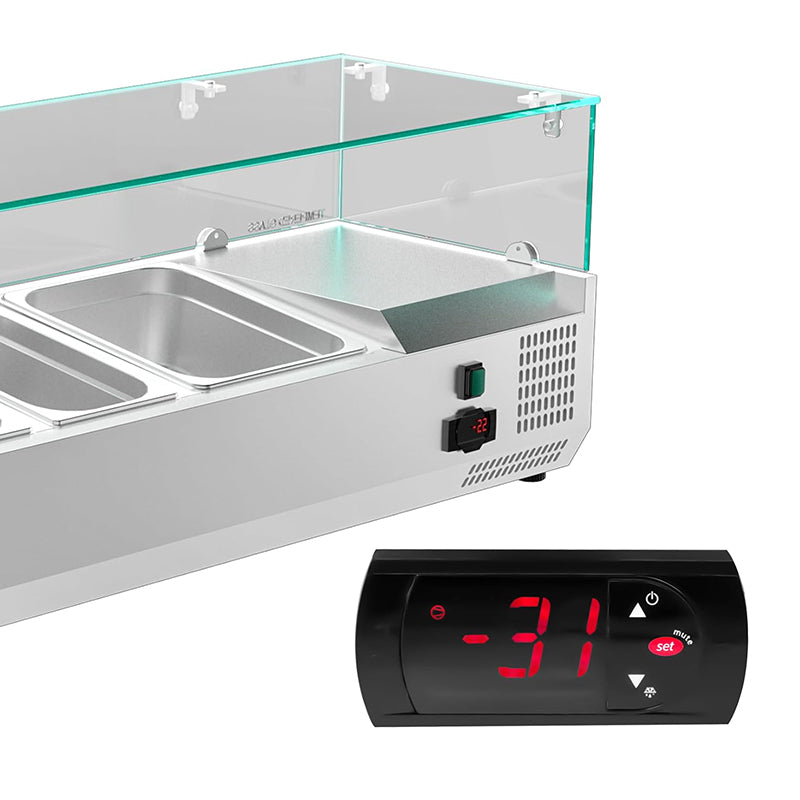 47inch 36Qt Salad Bar Condiment Prep Station Prep Table with 4 * 1/6 pans,1 * 1/3 pan,1 * 1/2 pan Tempered Glass Shield Digital Temp Display