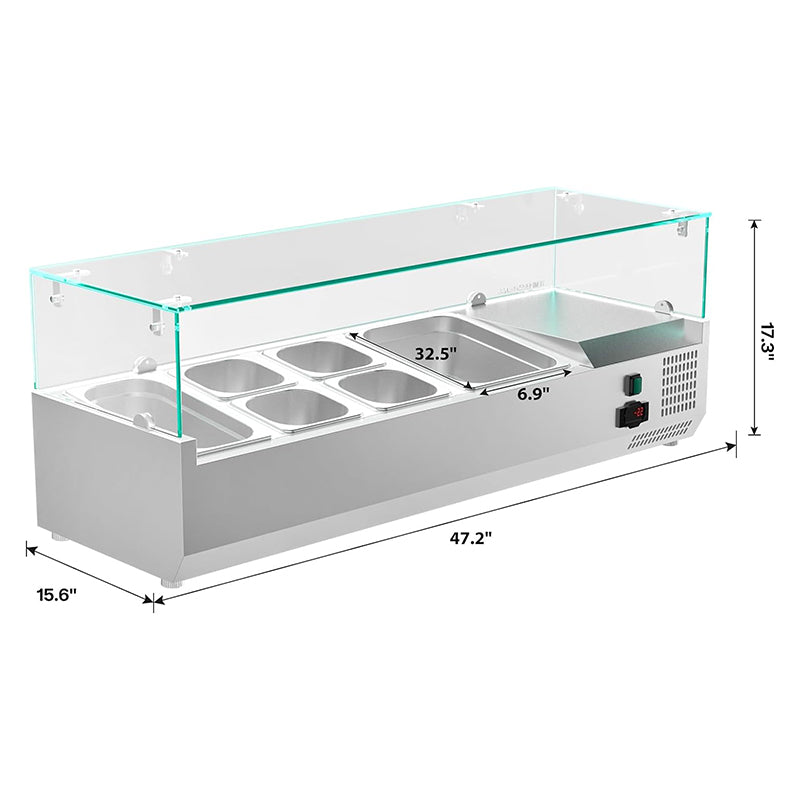 47inch 36Qt Salad Bar Condiment Prep Station Prep Table with 4 * 1/6 pans,1 * 1/3 pan,1 * 1/2 pan Tempered Glass Shield Digital Temp Display