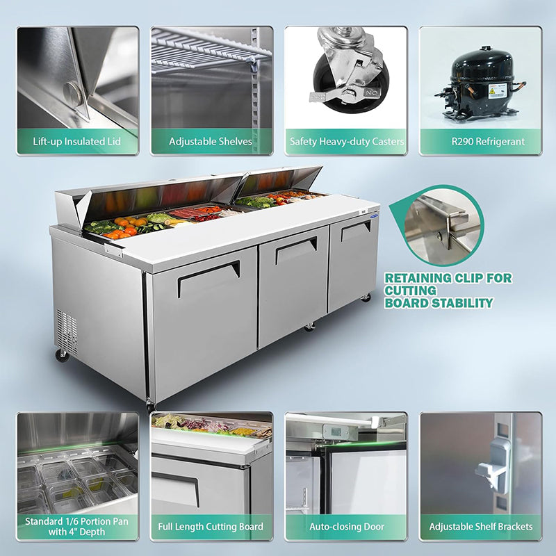 72" 20.0 Cu. Ft Commercial Refrigerator Prep Table Stainless Steel Refrigerated Food Prep Station with 18 Pans 3 Door Worktop Fridge for Restaurant