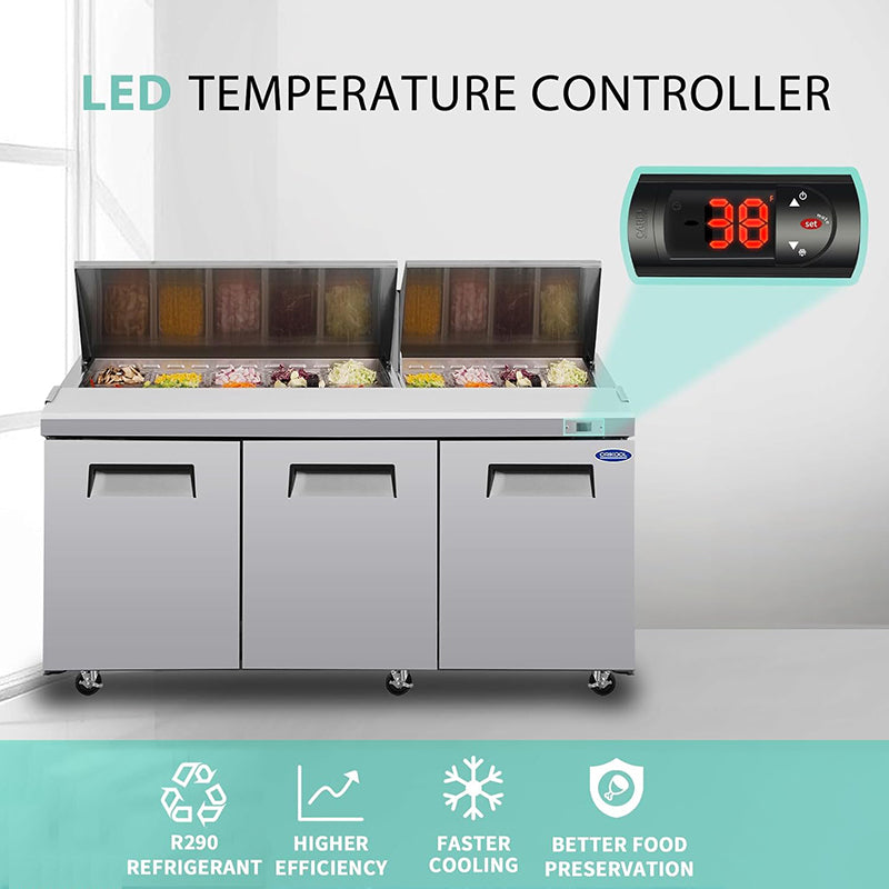 72" 20.0 Cu. Ft Commercial Refrigerator Prep Table Stainless Steel Refrigerated Food Prep Station with 18 Pans 3 Door Worktop Fridge for Restaurant