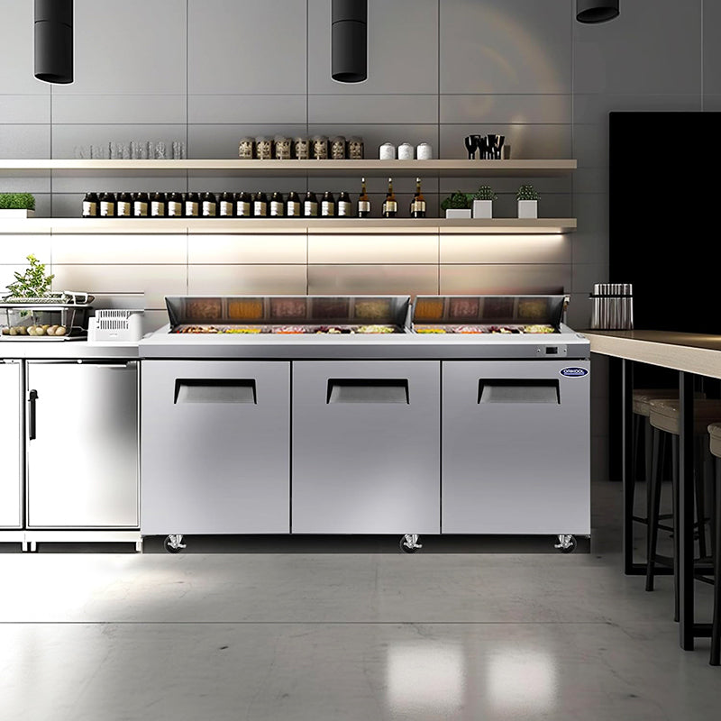 72" 20.0 Cu. Ft Commercial Refrigerator Prep Table Stainless Steel Refrigerated Food Prep Station with 18 Pans 3 Door Worktop Fridge for Restaurant