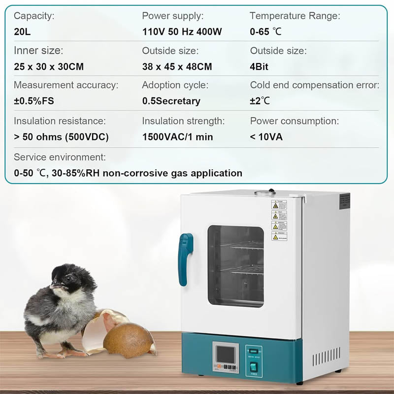 20L Reptile Incubator RT 0-65℃ Egg Incubator PID Temperature Control Scientific Digital Incubator 12V/110V Work for Small Reptiles