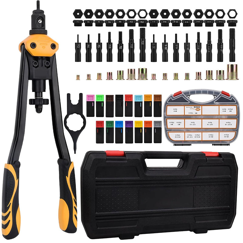 16'' Rivet Nut Tool Kit Rivnut Hand Tool Set with 15PCS Metric & Inch Mandrels M3 to M12, 6-32 to 1/2-13 and 300PCS Rivet Nuts Assortment