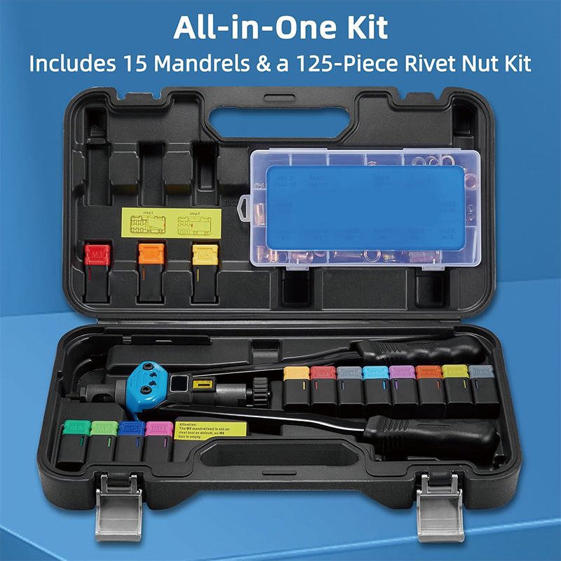 16" Rivet Nut Tool, 125-PCS Rivet Nut Assortment Kit with 15 Metric and SAE Mandrels for Sheet Metal & Automotive Work