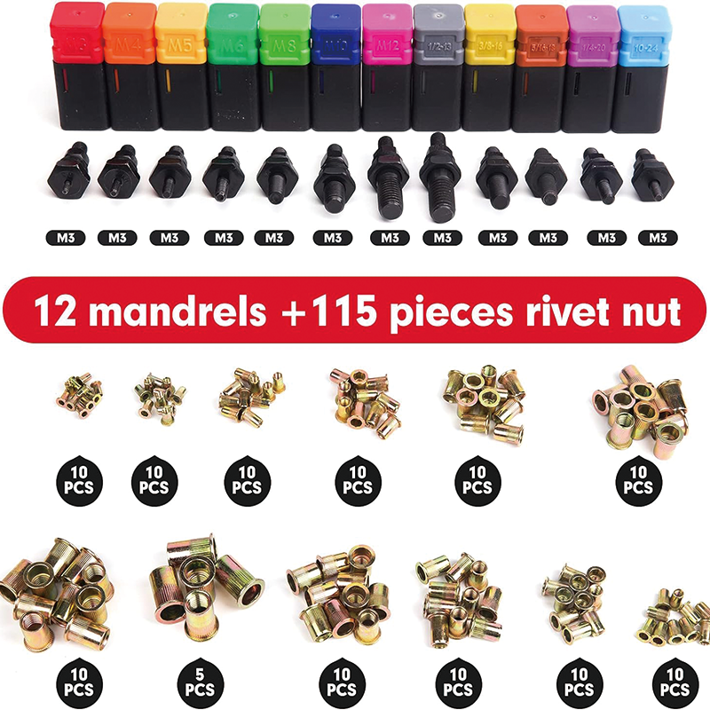 16" Rivet Nut Tool, Rivnut Tool Kit with 11 mandrels+110PCS Rivets Nuts, M3 M4 M5,m6,m8,m10 M12, 10-24, 1/4-20, 5/16-18,3/8-16