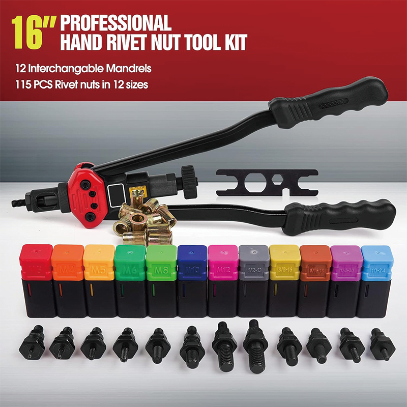 16" Rivet Nut Tool, Rivnut Tool Kit with 11 mandrels+110PCS Rivets Nuts, M3 M4 M5,m6,m8,m10 M12, 10-24, 1/4-20, 5/16-18,3/8-16