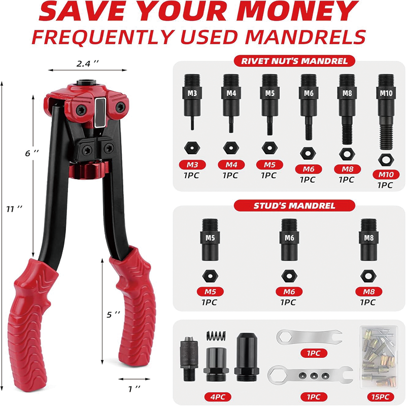 13" Rivet Nut Tool, Rivnut Tool Kit with a Step Drill Bit & 15 Rivet Nuts Assortment Kit 9 Metric Mandrels