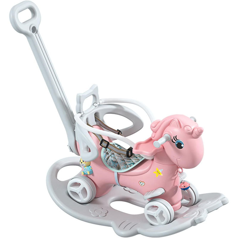 4-in-1 Rocking Horse for Toddlers 1-4 Years Old with Detachable Balance Board Push Handle and 4 Smooth Wheels Pink