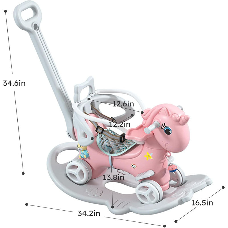 4-in-1 Rocking Horse for Toddlers 1-4 Years Old with Detachable Balance Board Push Handle and 4 Smooth Wheels Pink