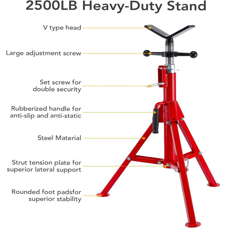 V Roller Head Pipe Stand 28-52 Inch Adjustable Height 1/8"-12" Capacity Heavy Duty Carbon Steel Body 2500 lb Load Capacity