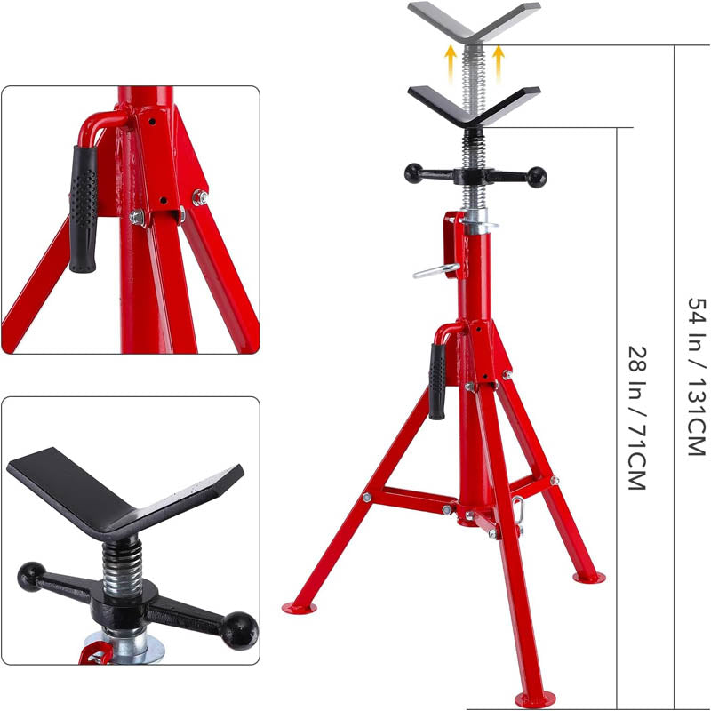 V Roller Head Pipe Stand 28-52 Inch Adjustable Height 1/8"-12" Capacity Heavy Duty Carbon Steel Body 2500 lb Load Capacity