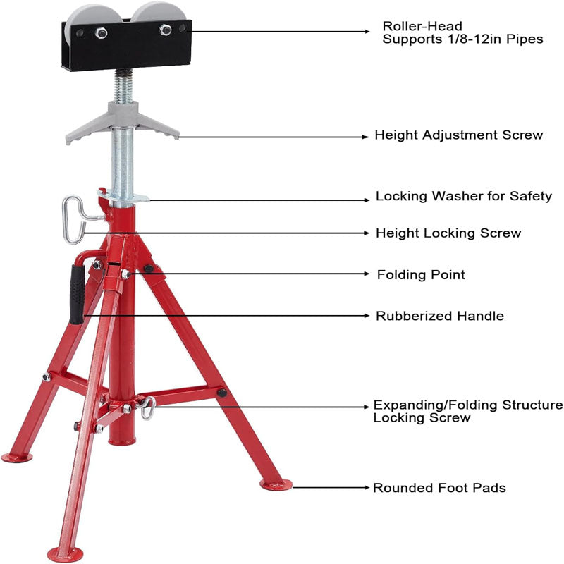 0.5-12 inch Roller Head Pipe Stand 2500lbs Folding Jack Stand Welding Stand Adjustable Height 28-52INn Steel Pipe Jacks for Welding