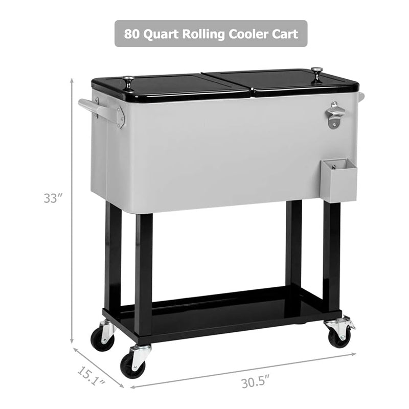 80 Quart Rolling Cooler Cart Ice Chest Portable with Shelf Beverage Pool Patio Party Bar Drink