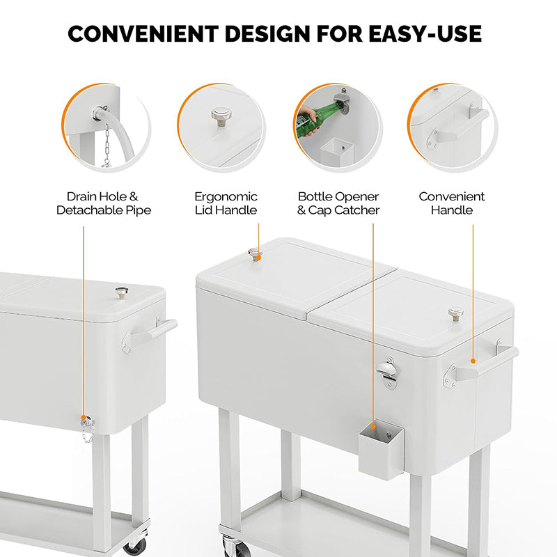 80 Quart Rolling Cooler Cart Ice Chest Portable with Shelf Beverage Pool Patio Party Bar Drink