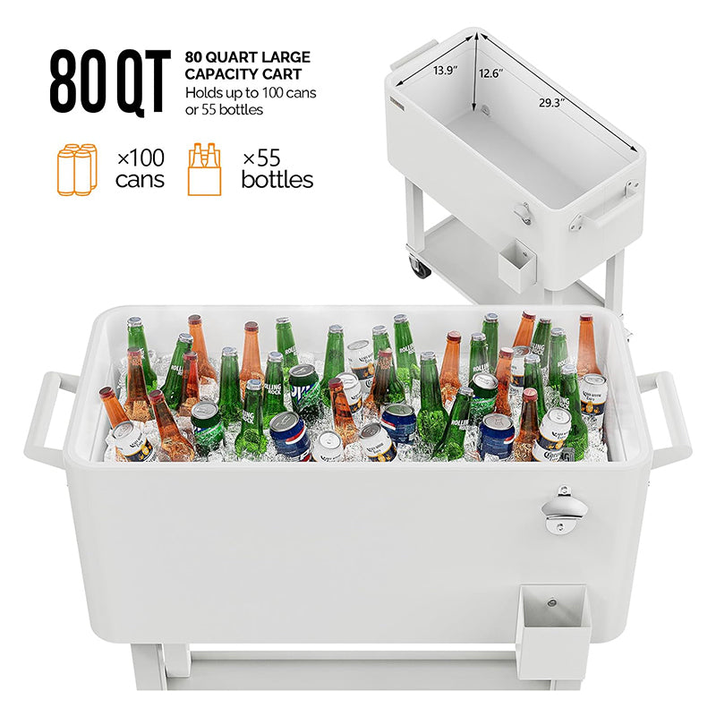 80 Quart Rolling Cooler Cart Ice Chest Portable with Shelf Beverage Pool Patio Party Bar Drink