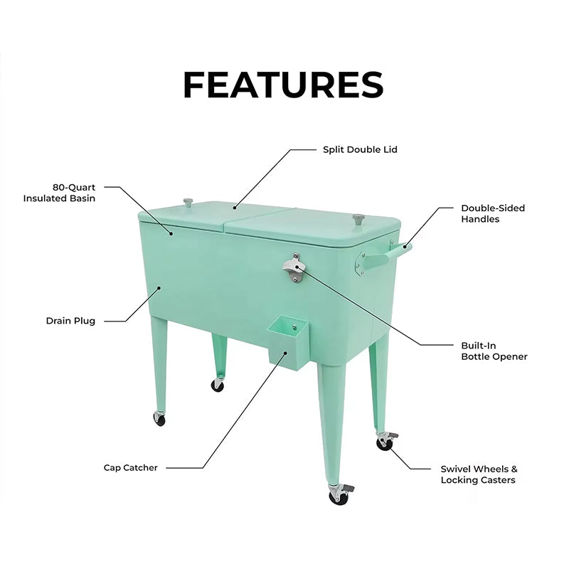 Portable Rolling Ice Chest Patio Party Bar Drink Cooler Cart Beverage Pool with Bottle Opener with Shelf