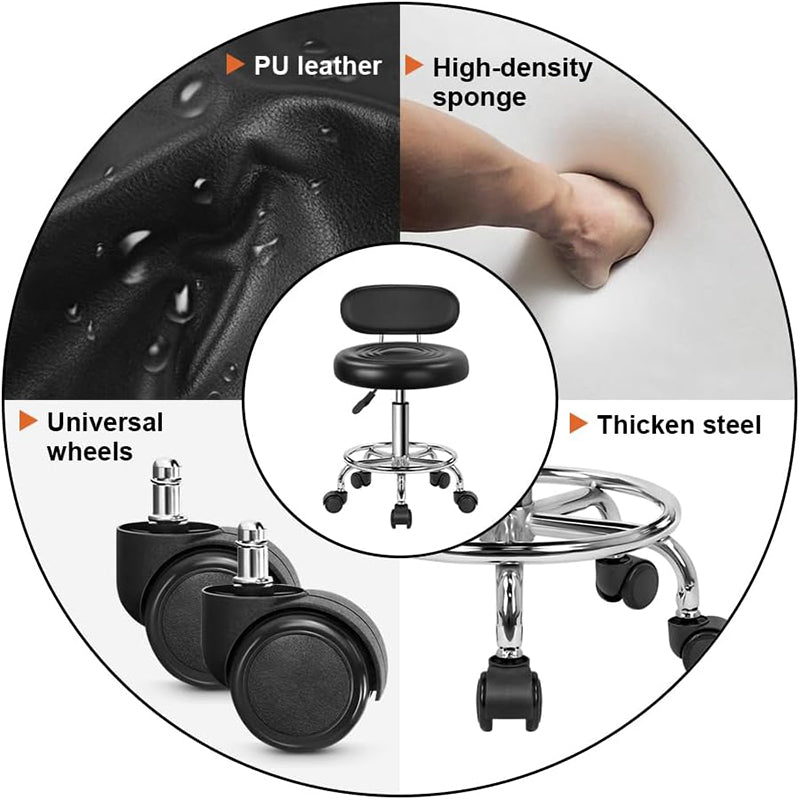 PU Leather Modern Rolling Stool with Low Back Adjustable Height Swivel Task Chair with Footrest