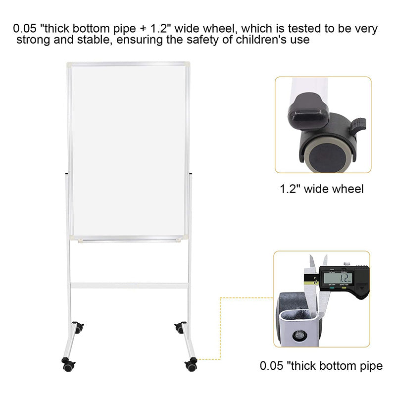 24"x36" Adjustable Height Double Side Mobile Magnetic Rolling Whiteboard on Wheels for Home, Office & School