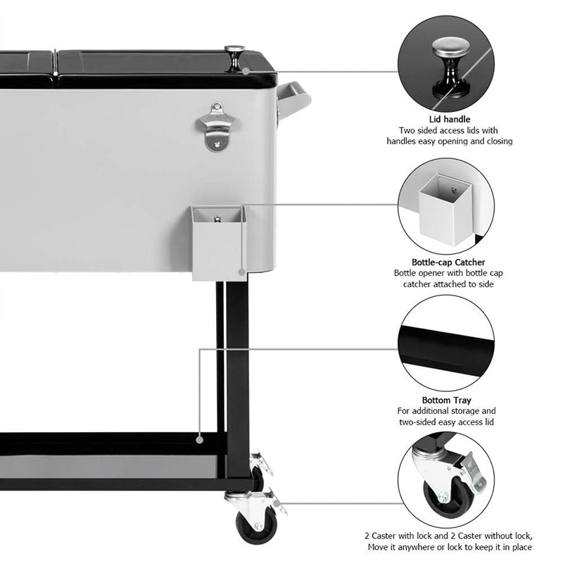 80 Quart Rolling Cooler Cart Ice Chest Portable with Shelf Beverage Pool Patio Party Bar Drink