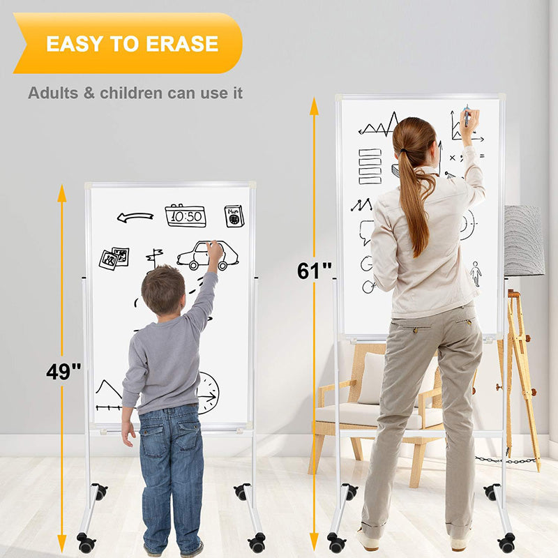 24"x36" Adjustable Height Double Side Mobile Magnetic Rolling Whiteboard on Wheels for Home, Office & School