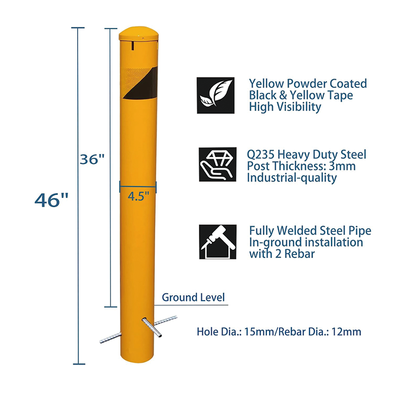 Safety Bollard, 46 Inch High Pour in Place Steel Bollard Post, Yellow Powder Coat, Metal Bollard Parking, Door Front Barrier