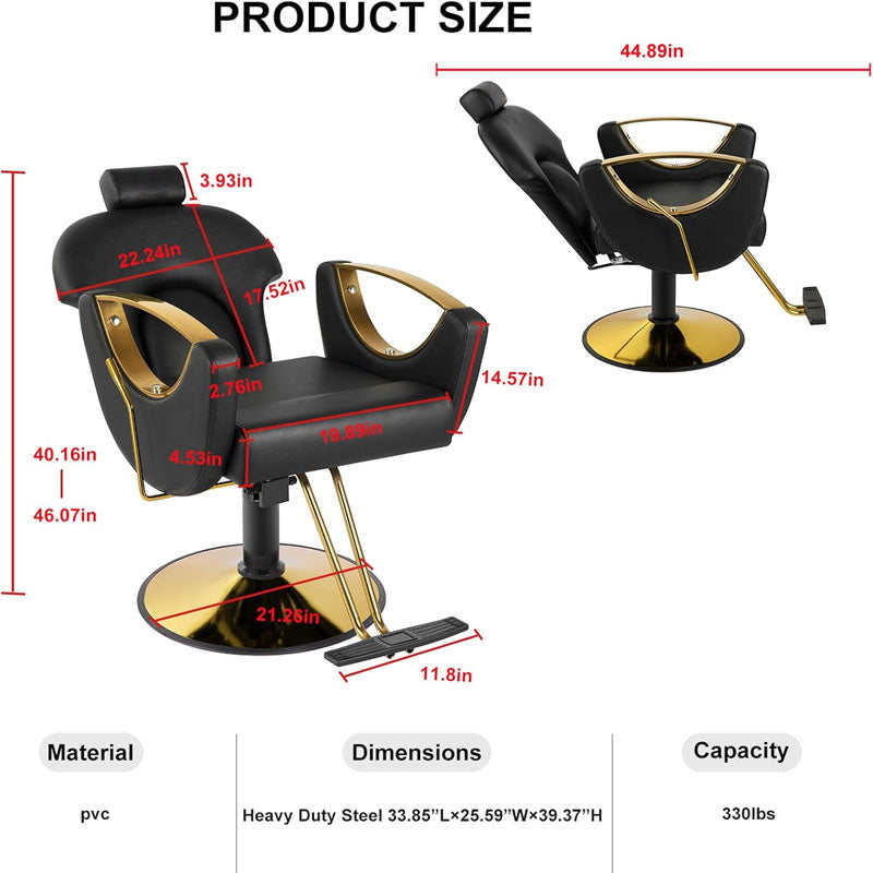 Salon Chair Hydraulic Recliner Barber Chair 360 Degrees Rolling 90°-135° Reclining Salon Chair Max Load Weight 330 lbs Black