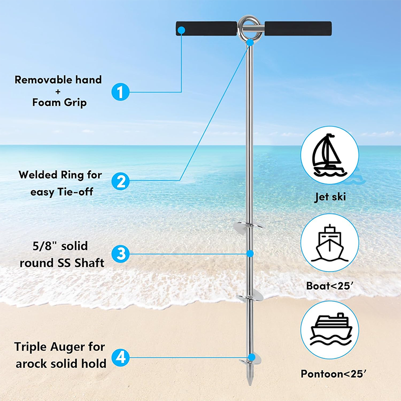 36 Inch Sand Anchor, Chrome Plated Steel Stainless Steel Marine Helical Anchor with Removable Handle, Marine Sand Anchor with Bungee Cord, Shallow Water Anchor for Jet Ski, PWC, Pontoon, Kayak, Canoe