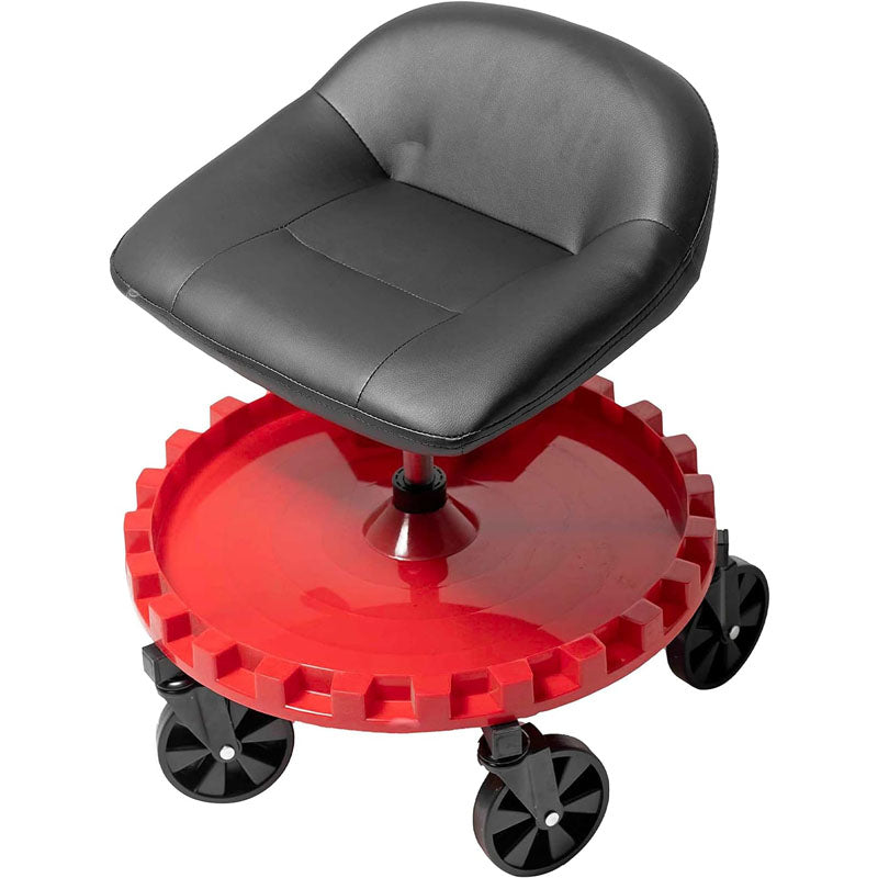 Rolling Shop Stool for Garage with Wheels and Tool Tray 400 LBS Capacity All-Terrain 5" Casters Black Red