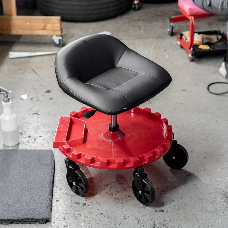 Rolling Shop Stool for Garage with Wheels and Tool Tray 400 LBS Capacity All-Terrain 5" Casters Black Red