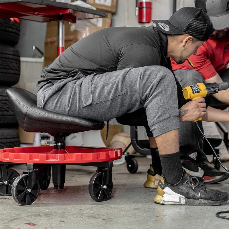 Rolling Shop Stool for Garage with Wheels and Tool Tray 400 LBS Capacity All-Terrain 5" Casters Black Red