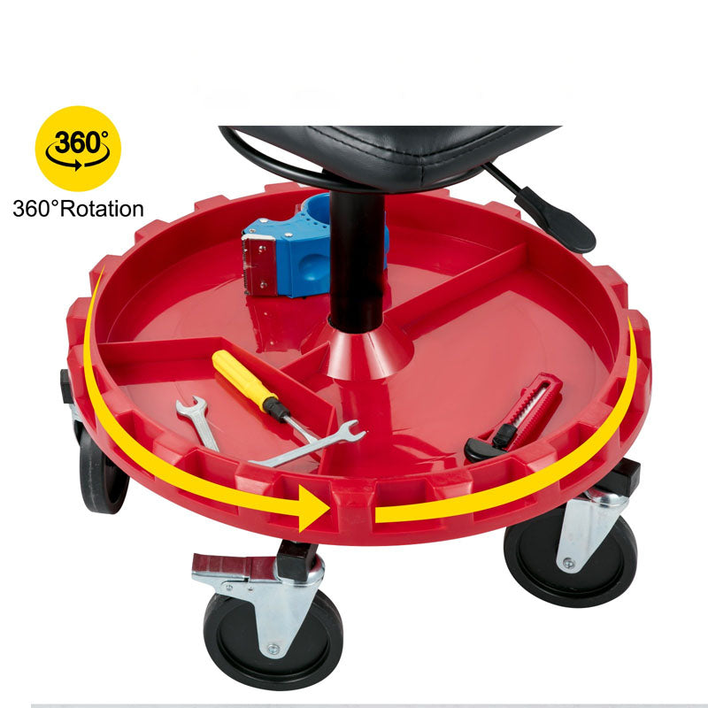 Rolling Shop Stool for Garage with Wheels and Tool Tray 400 LBS Capacity All-Terrain 5" Casters Black Red