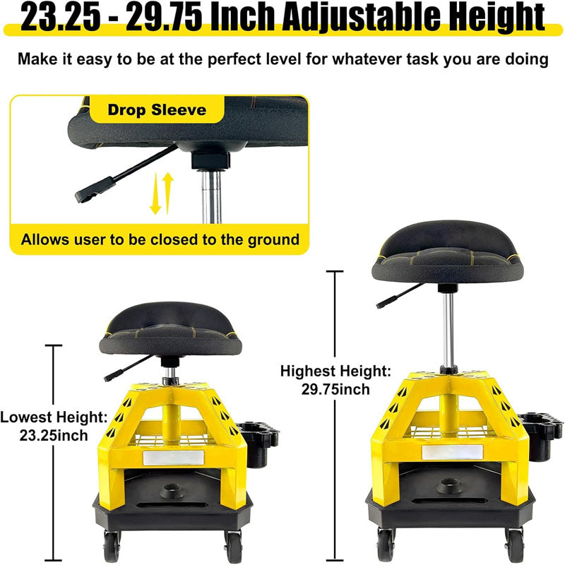 Rolling Shop Stool for Garage with Casters Adjustable Height 330LBS Capacity for Workshop Auto Repair Shop Yellow