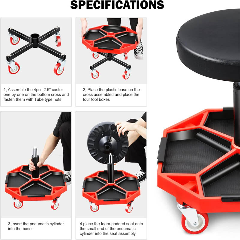 Shop Stool Adjustable Mechanics Rolling Creeper Seat Stool Tool Tray 300lbs Max Weight Capacity