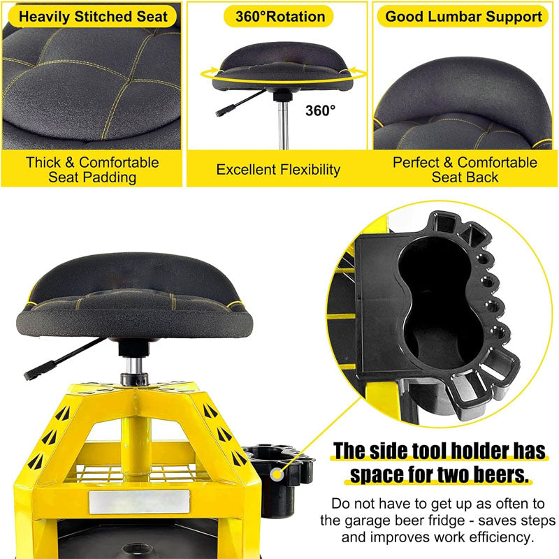 Rolling Shop Stool for Garage with Casters Adjustable Height 330LBS Capacity for Workshop Auto Repair Shop Yellow