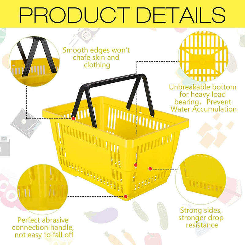 12 Pcs 20 L Plastic Shopping Baskets with Handles 16.9 * 11.8 * 9.1 Inches Store Baskets Retail Baskets with Handles for Market Grocery Supplies
