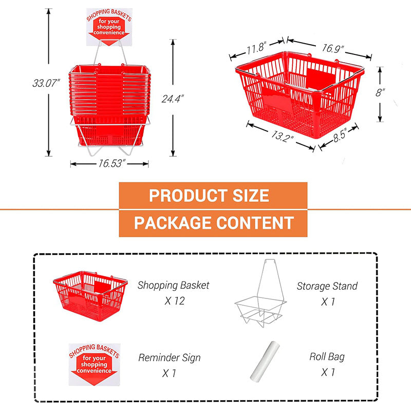 5.6 Gal Capacity Grocery Basket 16.9" x 11.8" 12Set Shopping Basket with Cast-Iron Handles and Stand for Retail Store, Convenience Store, Farmers Market