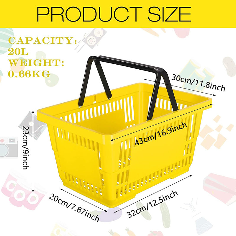 12 Pcs 20 L Plastic Shopping Baskets with Handles 16.9 * 11.8 * 9.1 Inches Store Baskets Retail Baskets with Handles for Market Grocery Supplies