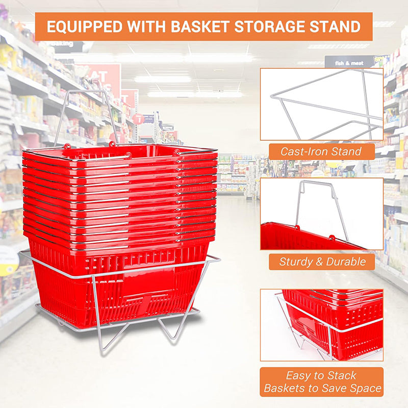 5.6 Gal Capacity Grocery Basket 16.9" x 11.8" 12Set Shopping Basket with Cast-Iron Handles and Stand for Retail Store, Convenience Store, Farmers Market