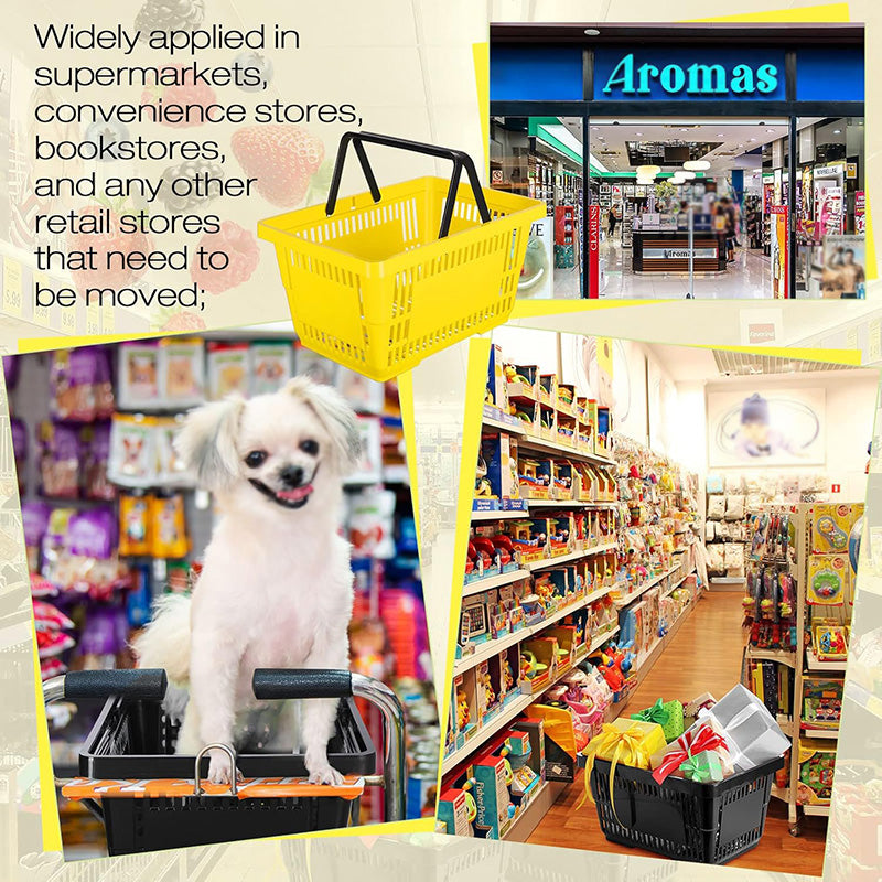 12 Pcs 20 L Plastic Shopping Baskets with Handles 16.9 * 11.8 * 9.1 Inches Store Baskets Retail Baskets with Handles for Market Grocery Supplies