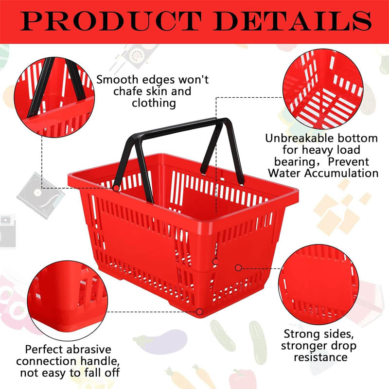 12 Pcs Shopping Basket 20 L Plastic Shopping Baskets with Handles for Market Grocery Supplies
