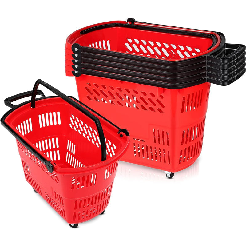 6PCS Shopping Basket Large-capacity 35L with Wheels For Supermarket Retail Shop Book Store Laundry Red