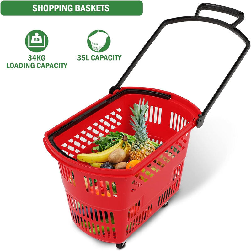6PCS Shopping Basket Large-capacity 35L with Wheels For Supermarket Retail Shop Book Store Laundry Red