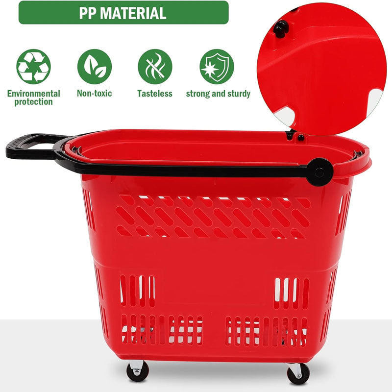 6PCS Shopping Basket Large-capacity 35L with Wheels For Supermarket Retail Shop Book Store Laundry Red