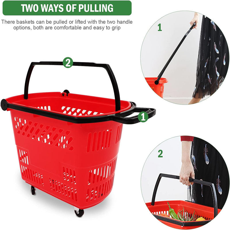 6PCS Shopping Basket Large-capacity 35L with Wheels For Supermarket Retail Shop Book Store Laundry Red